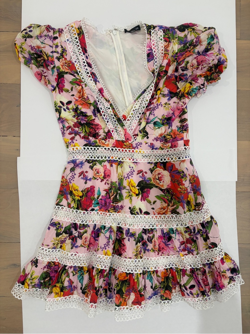 Aqua Pink Floral Lace-Trim Tiered Dress